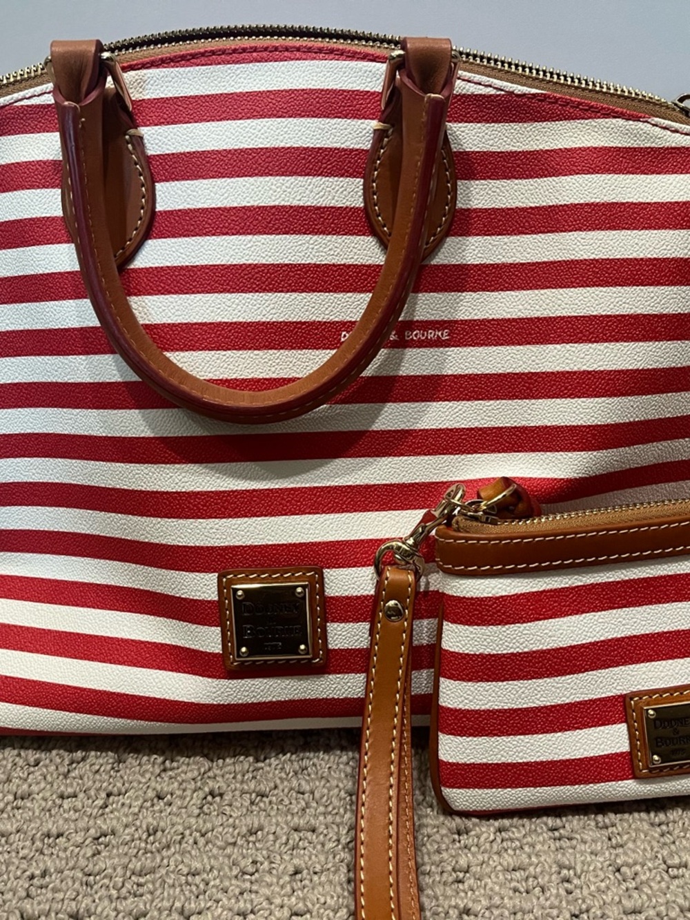 Dooney & Bourke Red and White Striped Satchel with Brown Trim